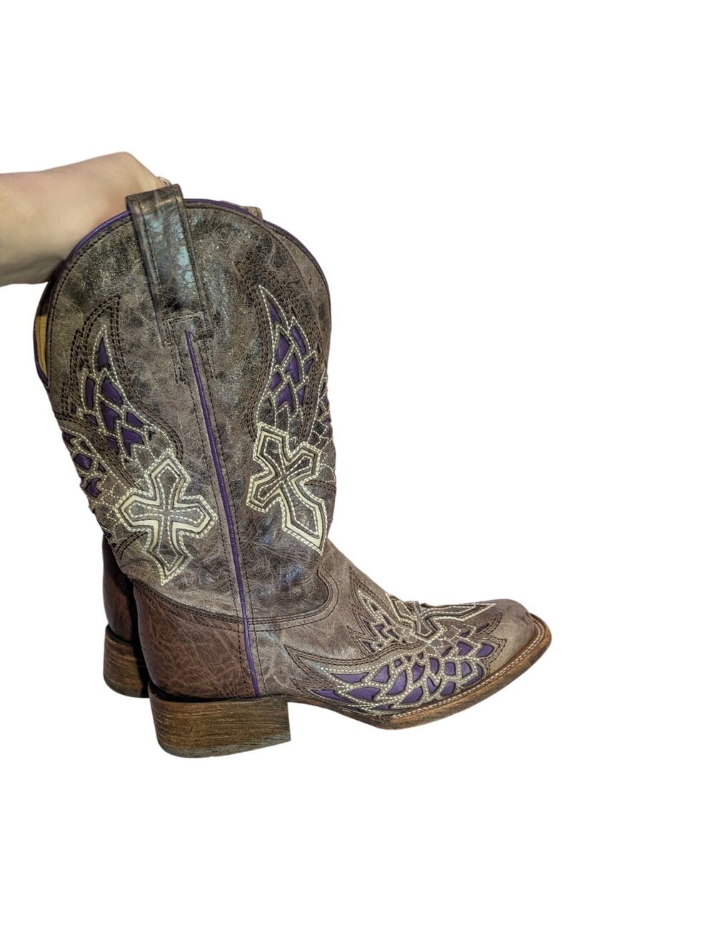 Vintage Corral Inlaid Purple Cross & Wings Leather Boots  Size 8.5